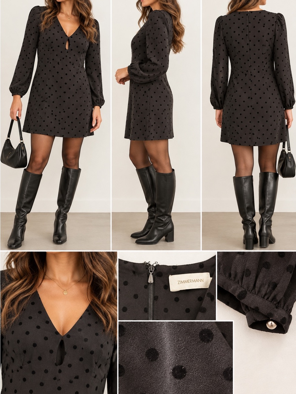 Zimmermann Black Polka Dot Long-Sleeve Mini Dress
